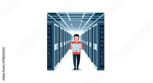 IT technician walking down a long hallway of server racks in a data center, carrying a map, representing network management and administration.