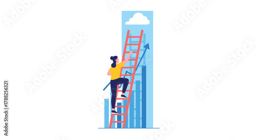 Determined businesswoman climbing a ladder leaning against a rising bar chart, representing career growth, ambition, and achieving business success.