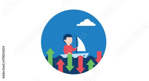 Person sailing a boat through a sea of rising green and falling red arrows, representing navigation through volatile financial stock markets.