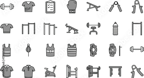 Gym icon set, fitness gear silhouette, workout equipment and apparel, cad drawing flat vector illustration