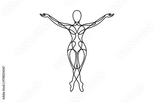 Silhouette Black line art abstract human figure in dance pose with outstretched arms and legs on white background