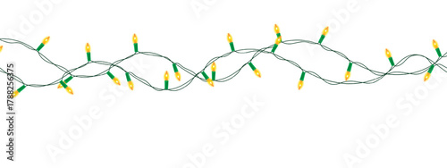 A string of glowing yellow Christmas lights arranged in loops on a white background, creating a festive and cheerful holiday atmosphere. Christmas bulbs twinkle with shine illustration 