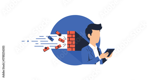 Businessman holding a tablet while viruses and malware are blocked by a digital brick wall firewall, representing mobile cybersecurity and protection.