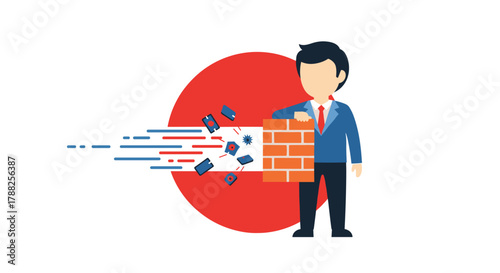 Businessman standing behind a brick wall firewall that is blocking an incoming stream of digital viruses, illustrating corporate cybersecurity.
