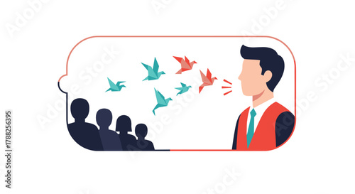 Inspirational speaker motivating an audience, with his words transforming into origami birds flying towards the listeners, symbolizing freedom of speech.