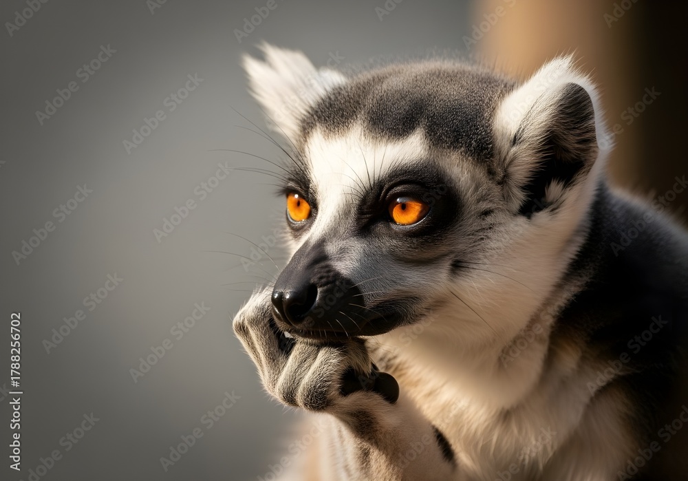 Naklejka premium Portrait of a cute ring-tailed lemur, Lemur catta, with striking eyes, looking straight ahead, against a backdrop of wild nature