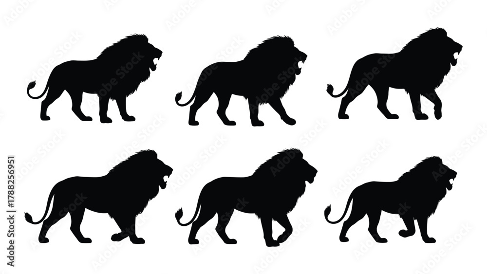 Naklejka premium Lion silhouettes walking and roaring isolated on white background, Vector