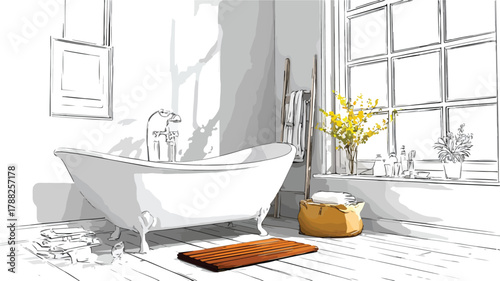 Modern Collage of Bathtub and Window Vector Illustrations for Interior Design Projects