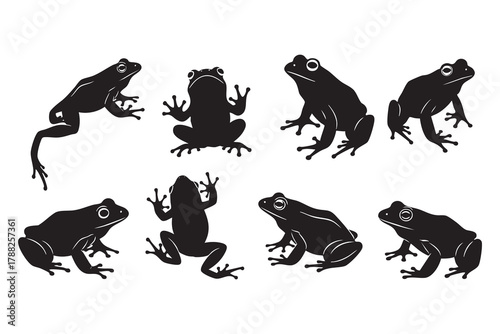 Collection of eight black frog silhouettes in various poses on a white background amphibian
