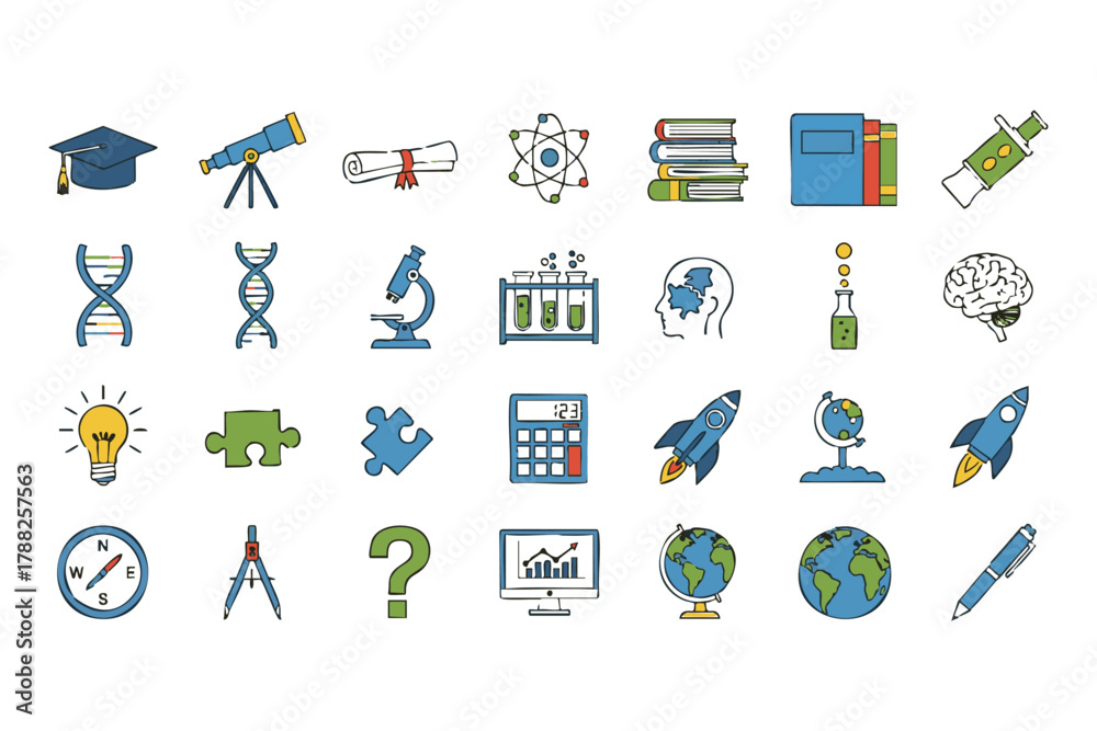 Fototapeta premium Collection of flat design icons representing education science technology and research vector