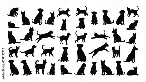 Tapety Collection of dog and cat silhouettes isolated on white background, Vector