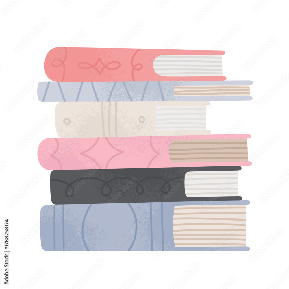 Obraz premium Cute books collection. Book spines. Illustration in flat style. Stack of books. Book covers. Vector illustration isolated on white background.