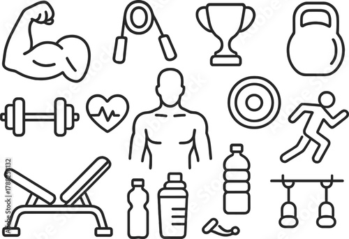 Gym and Fitness Line Icons — Workout Equipment and Healthy Lifestyle