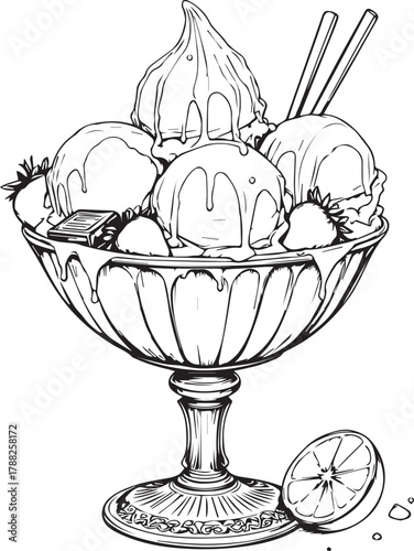 Ice cream sundae with whipped cream, fruit, wafers, and citrus slice in black and white line style