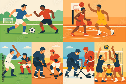 Team Sports Illustration Set — Soccer, Basketball, Baseball, Hockey, Volleyball