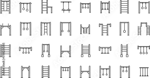 Playground equipment icon set, climbing frame silhouette, swing structure, cad drawing flat vector illustration collection