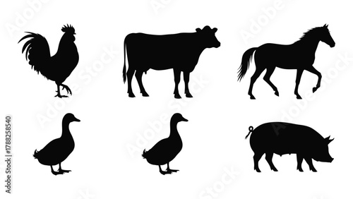 Collection of farm animal silhouettes isolated on white background, Vector