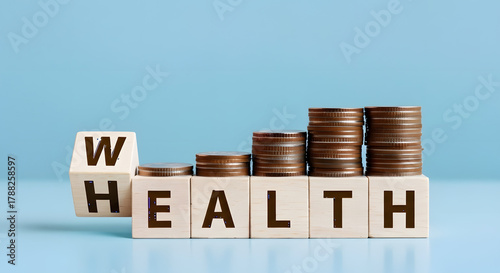 Invest in your health for a wealthy future, coins stacked on blocks spelling health, financial wellbeing and growth concept
