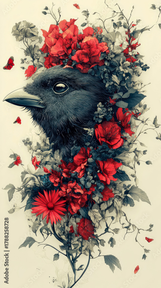 Obraz premium Striking Portrait of Enigmatic Raven Crowned by Lush Tapestry of Vibrant Scarlet Flowers, Desaturated Foliage, and Delicate Butterflies