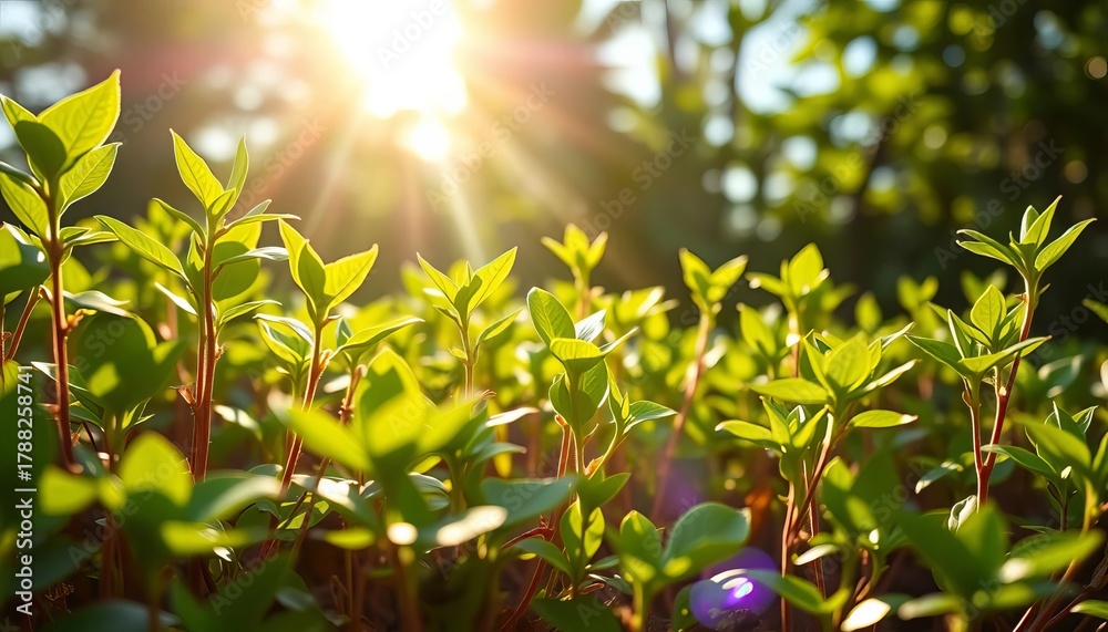 Fototapeta premium Plants growing towards sunlight, vibrant green leaves, vitality, wellness