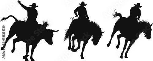 Rodeo rider, bull riding, bronc horse, cowboy silhouette, western sport, cad drawing flat vector illustration
