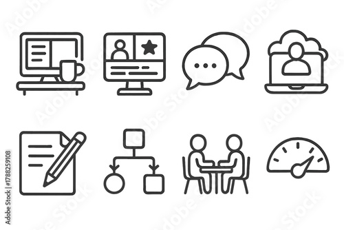 Doodle Remote Work Icons. Remote Workspaces outline icons: digital desk, project dashboard, message bubbles, virtual office icon, note document, workflow chart, coworking session,