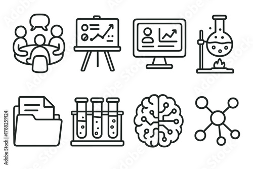 Collaborative Science Icons. Collaborative Science outline icons: team discussion, whiteboard, digital dashboard, lab setup, document folder, test tubes, AI brain, connected nodes.
