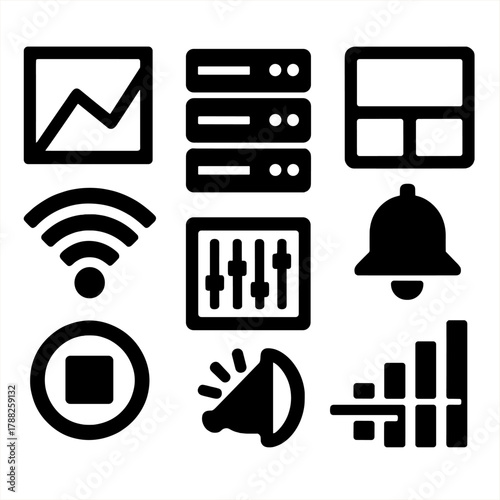 Brutalist System Icons. System Monitoring silhouette icon set: analytics chart, server rack, Wi-Fi symbol, device grid, status indicator, control panel, alert bell, data stream.