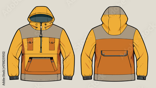 design sketch of a hoodie, complete with a zipper and a pocket, highlighting its functional features..eps