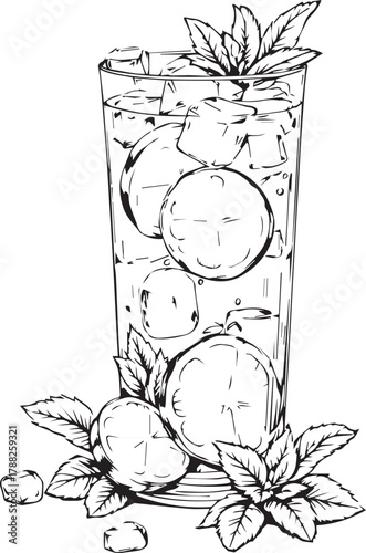 Tall glass with citrus slices, mint leaves, and ice cubes illustrated in black and white line style