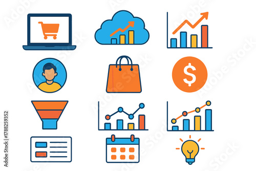 E-Commerce Analytics Icons. Digital E-Commerce Analytics flat icons: laptop, cloud data, analytics chart, customer profile, shopping bag, revenue icon, sales trend, conversion