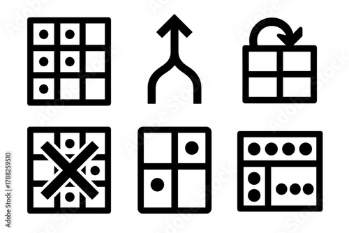 Brutalist ML Icons. Machine Learning Sampling silhouette icon set: training data, validation split, resampling method, cross-validation, data partition, balanced dataset.
