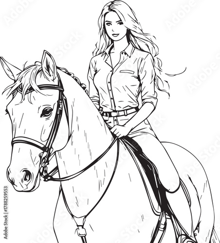 Person riding horse with reins and saddle in detailed black and white illustration of equestrian scene