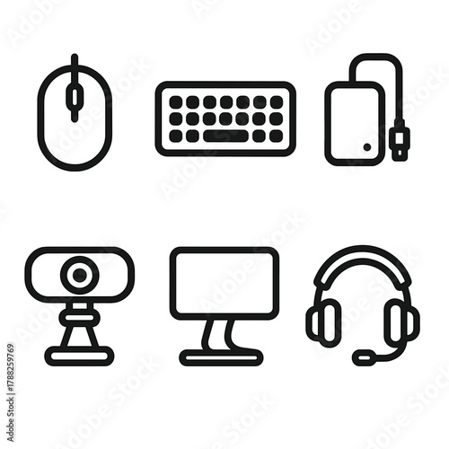 Tech Gear Icons. Computer Accessories linear icon set: mouse, keyboard, external drive, webcam, desk stand, headset.