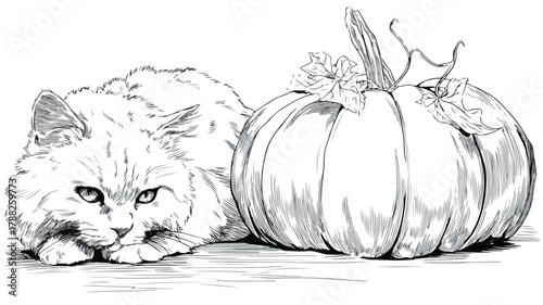 Whimsical Drawing of Cat and Pumpkin with Carved Pumpkin, Halloween Concept