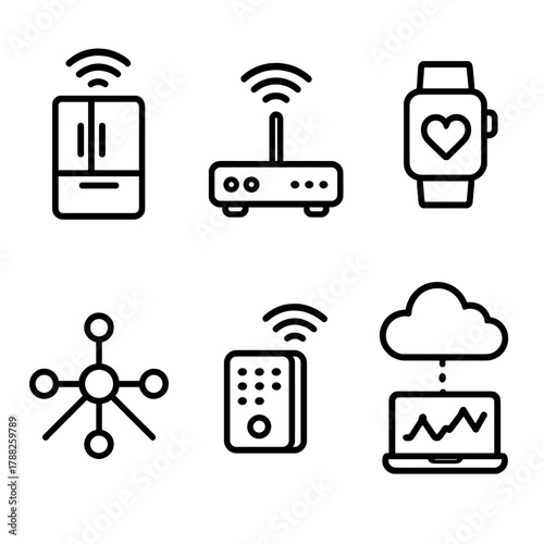 IoT Network Icons. IoT Data Stream linear icon set: connected devices, network signal, data hub, smart sensor, cloud sync, telemetry feed.