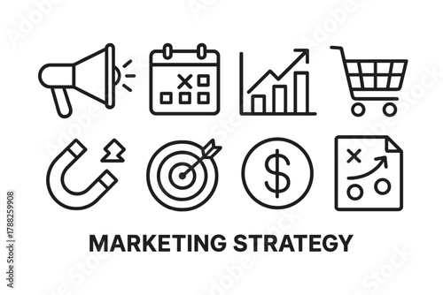 Marketing Icons Overview. Marketing Strategy linear icon set: megaphone, calendar, graph, shopping cart, magnet, target, dollar sign, plan sheet.