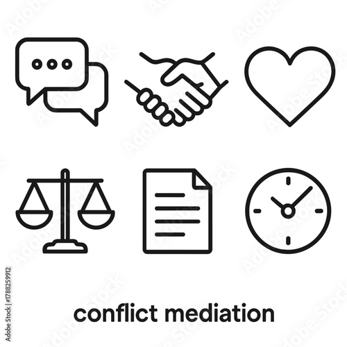 Conflict Resolution Icons. Conflict mediation linear icon set: chat window, handshake, heart, scales, document, clock.