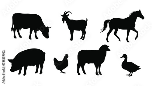 Farm animal silhouettes collection isolated on white background, Vector