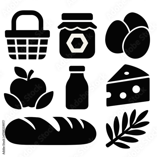 Farm Fresh Icons. Local Farm Goods Collection silhouette icon set: basket, honey jar, eggs, cheese, fruit, milk bottle, loaf of bread, herbs.