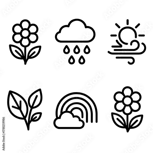 Springtime Icon Set. Springtime Climate linear icon set: blooming flowers, light rain, fresh air, sunshine rays, green leaves, rainbow.