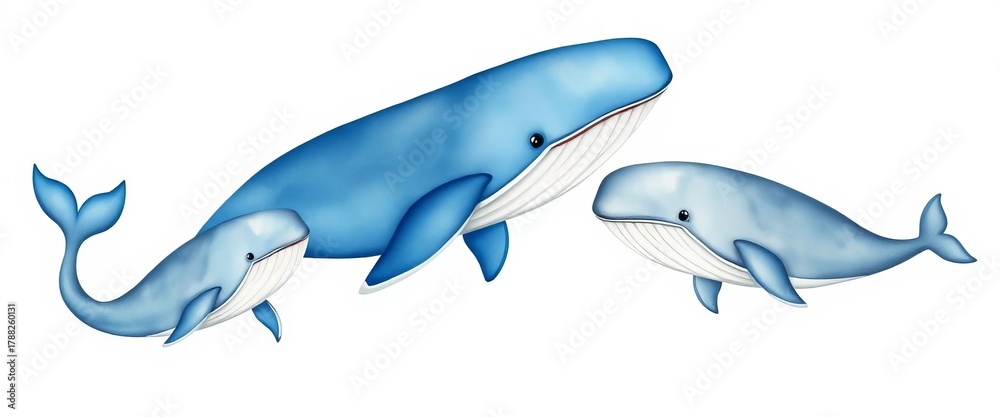 Fototapeta premium Set of three watercolor whales, varying sizes and shades of blues and grays, playful poses, blue, paint