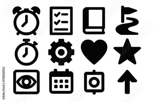 Self-Discipline Icon Set. Self-Discipline silhouette icon set: alarm clock, checklist, book, path, flag, stopwatch, gear, heart, star, focus eye, calendar, arrow.