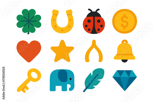 Modern Good Luck Icons. Lucky Charms flat icons: four-leaf clover, horseshoe, ladybug, lucky coin, heart, star, wishbone, bell, key, elephant, feather, gem.