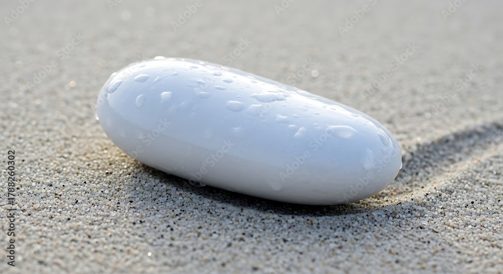 Obraz premium Smooth white stone adorned with water droplets on sun-kissed beach sand