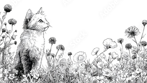 Cat in Garden with Flowers Vector Illustration for Stock Photos
