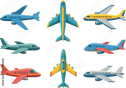 Cartoon airplane illustration, colorful aircraft set, side and top views, vector design, blue, red, yellow, green planes, transportation theme, kids style, flat lay