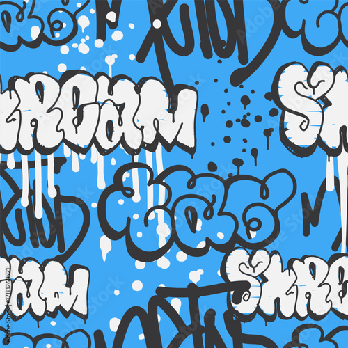Bold vector graffiti seamless pattern with abstract tags