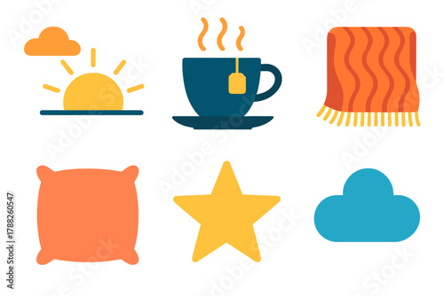 Sunrise Essentials Icons. Morning Renewal flat icons: Sunrise, Tea Cup, Blanket, Pillow, Star, Cloud.