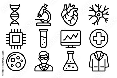 Biomedical Icons. Biomedical Innovation linear icon set: DNA helix, microscope, heart, neuron, chip, test tube, data chart, medical cross, petri dish, researcher, chemical flask,